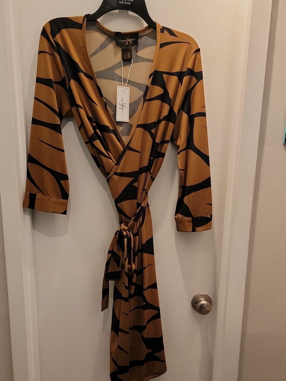 Julie Brown Dark Gold & Black Wrap Dress with Tie Waist
